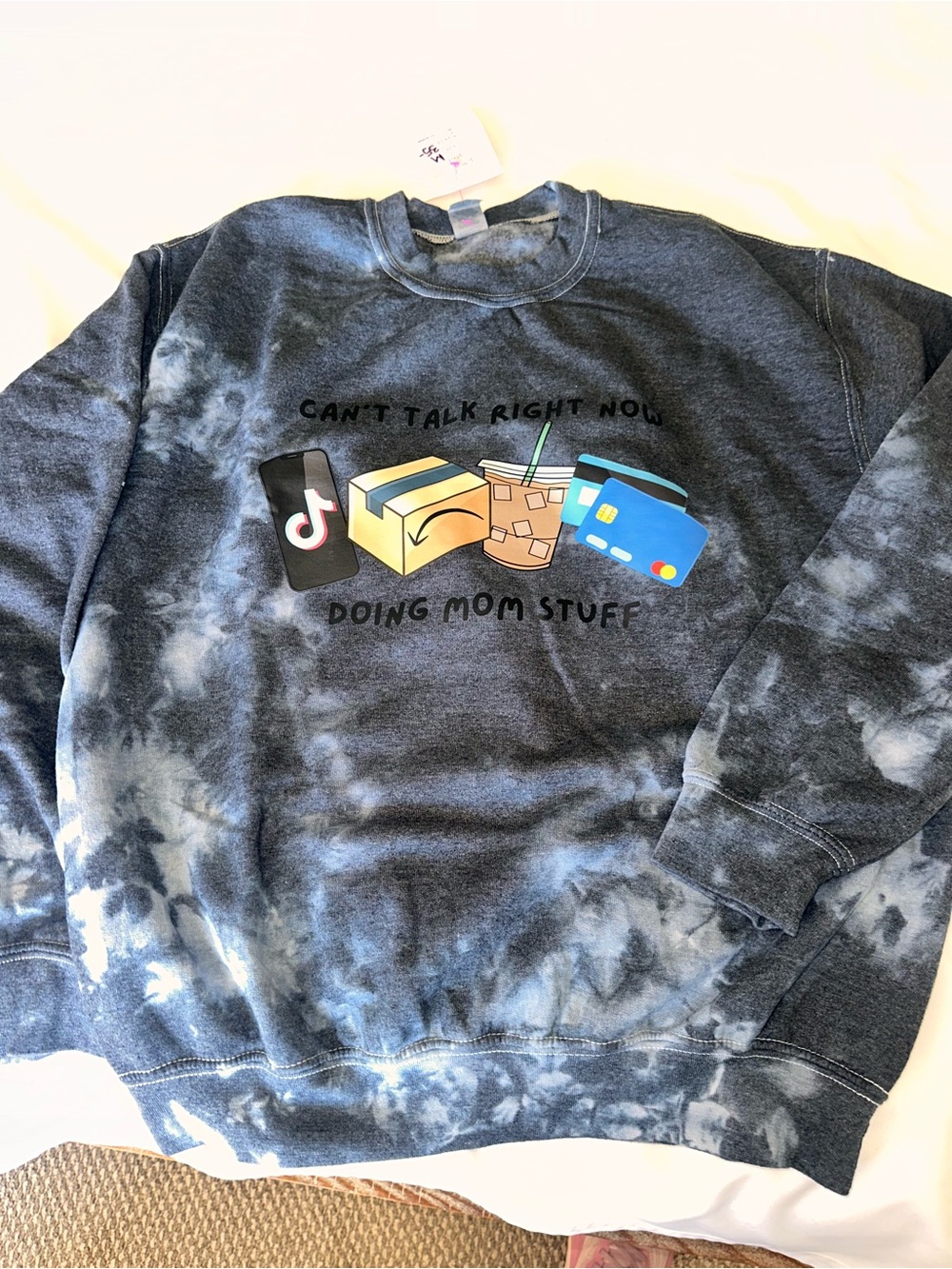 Women's Navy Tie-Dye Crewneck Sweatshirt - Doing Mom Stuff Graphic